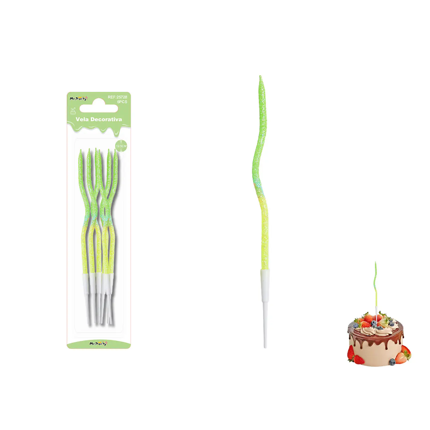Velas curvas con brillo bicolor verde/amarillo 12.5cm 6pcs 1