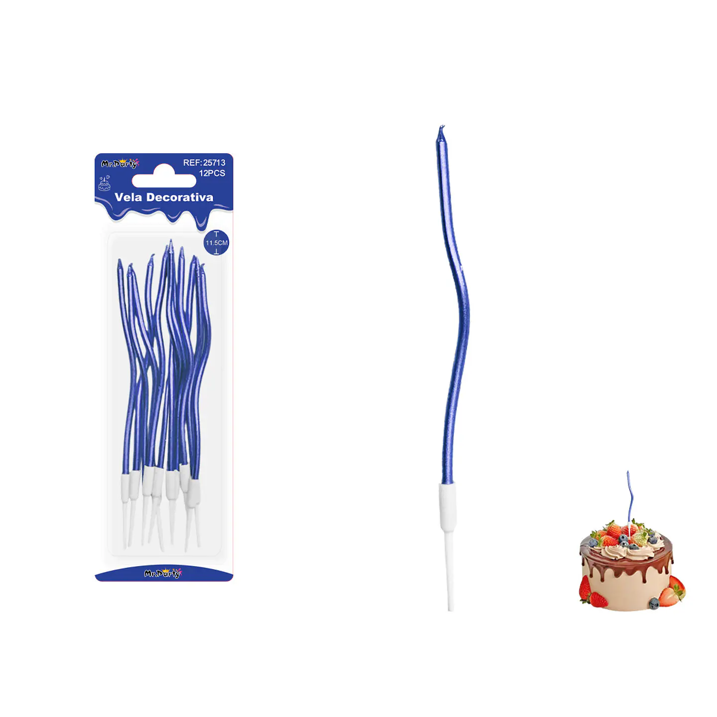 Velas curvas metalizadas azul rey 11.5cm 6pcs 1
