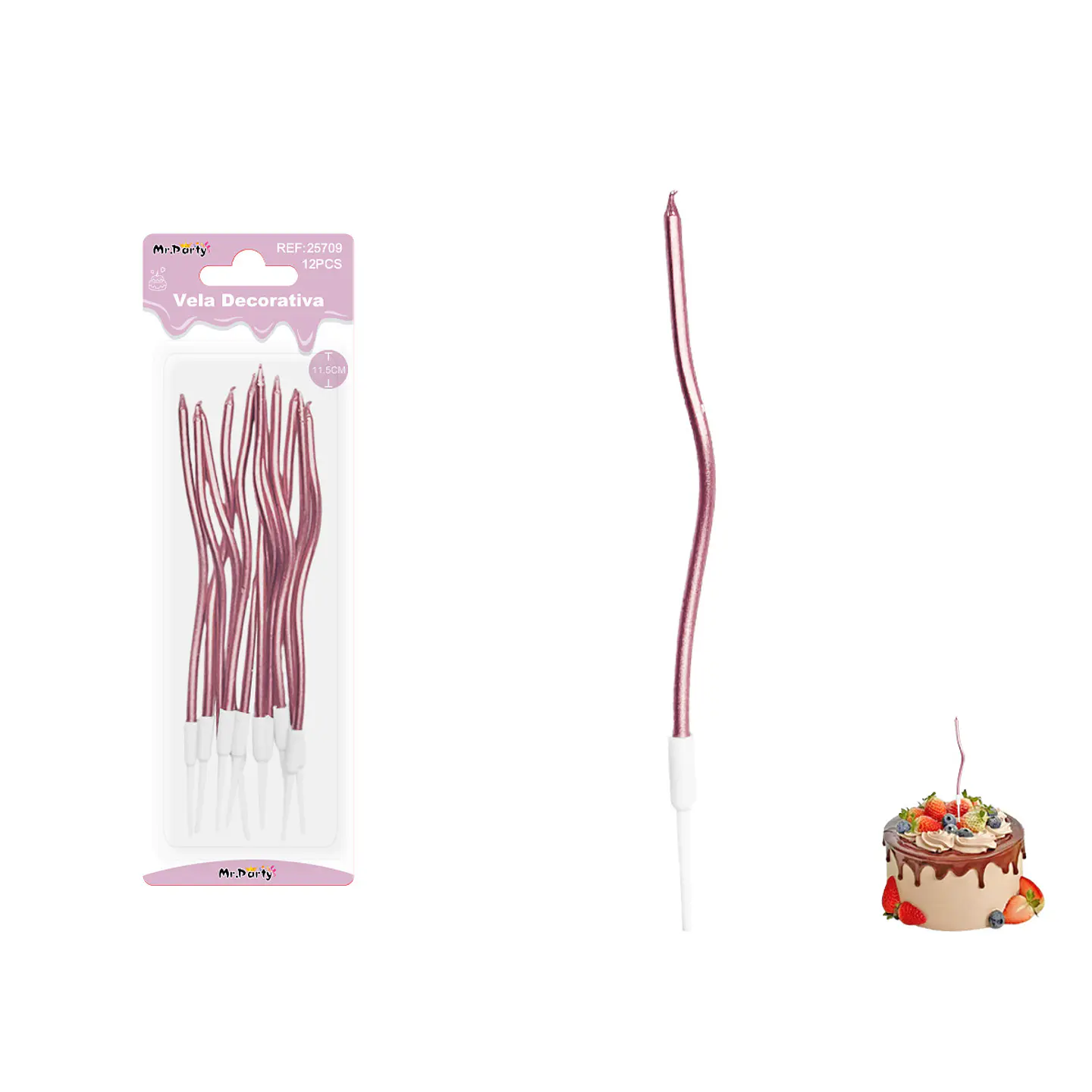 Velas curvas metalizadas rosadas 11.5cm 6pcs 1