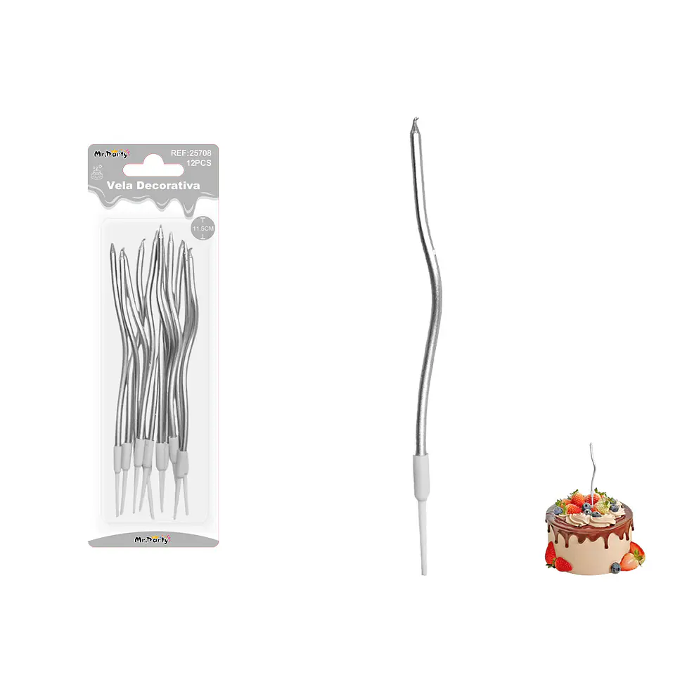 Velas curvas metalizadas plateadas 11.5cm 6pcs 1