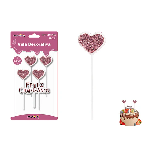 Velas corazón con brillo rosadas Feliz Cumpleaños 5pcs