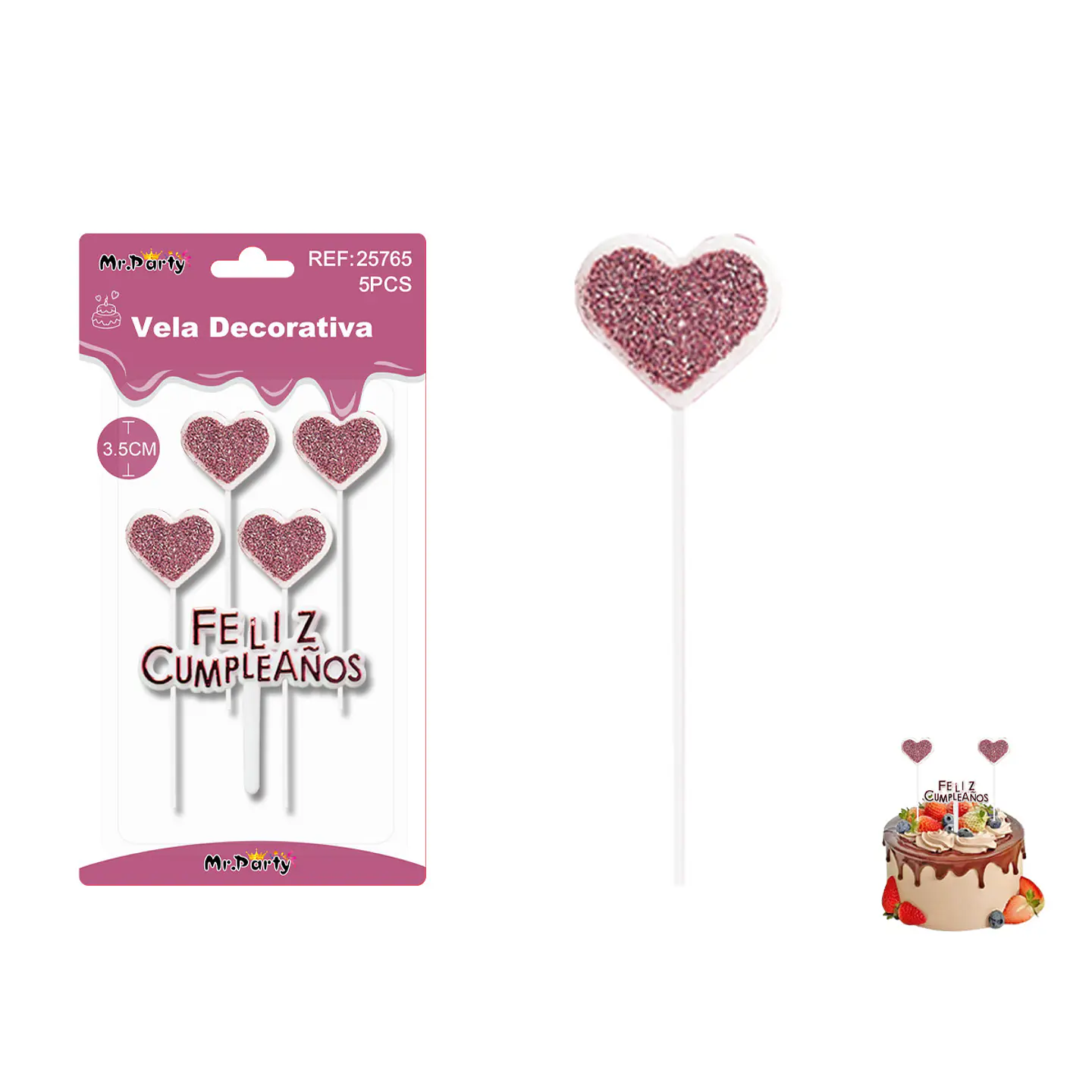 Velas corazón con brillo rosadas Feliz Cumpleaños 5pcs 1