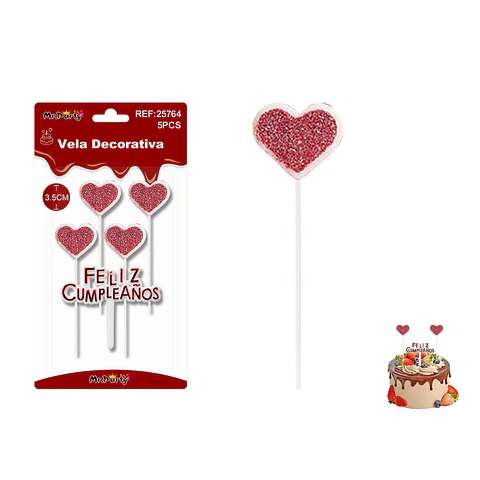 Velas corazón con brillo rojas Feliz Cumpleaños 5pcs