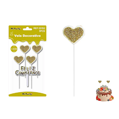 Velas corazón con brillo doradas Feliz Cumpleaños 5pcs