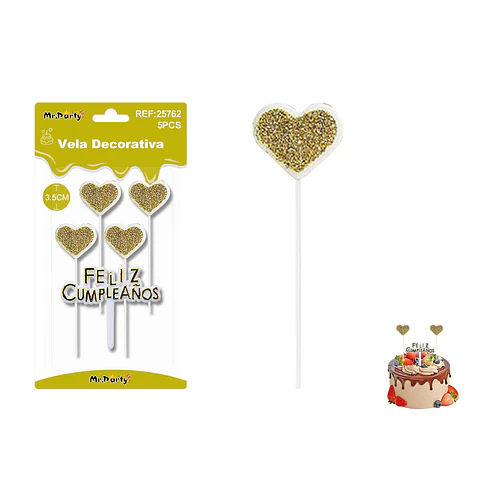 Velas corazón con brillo doradas Feliz Cumpleaños 5pcs