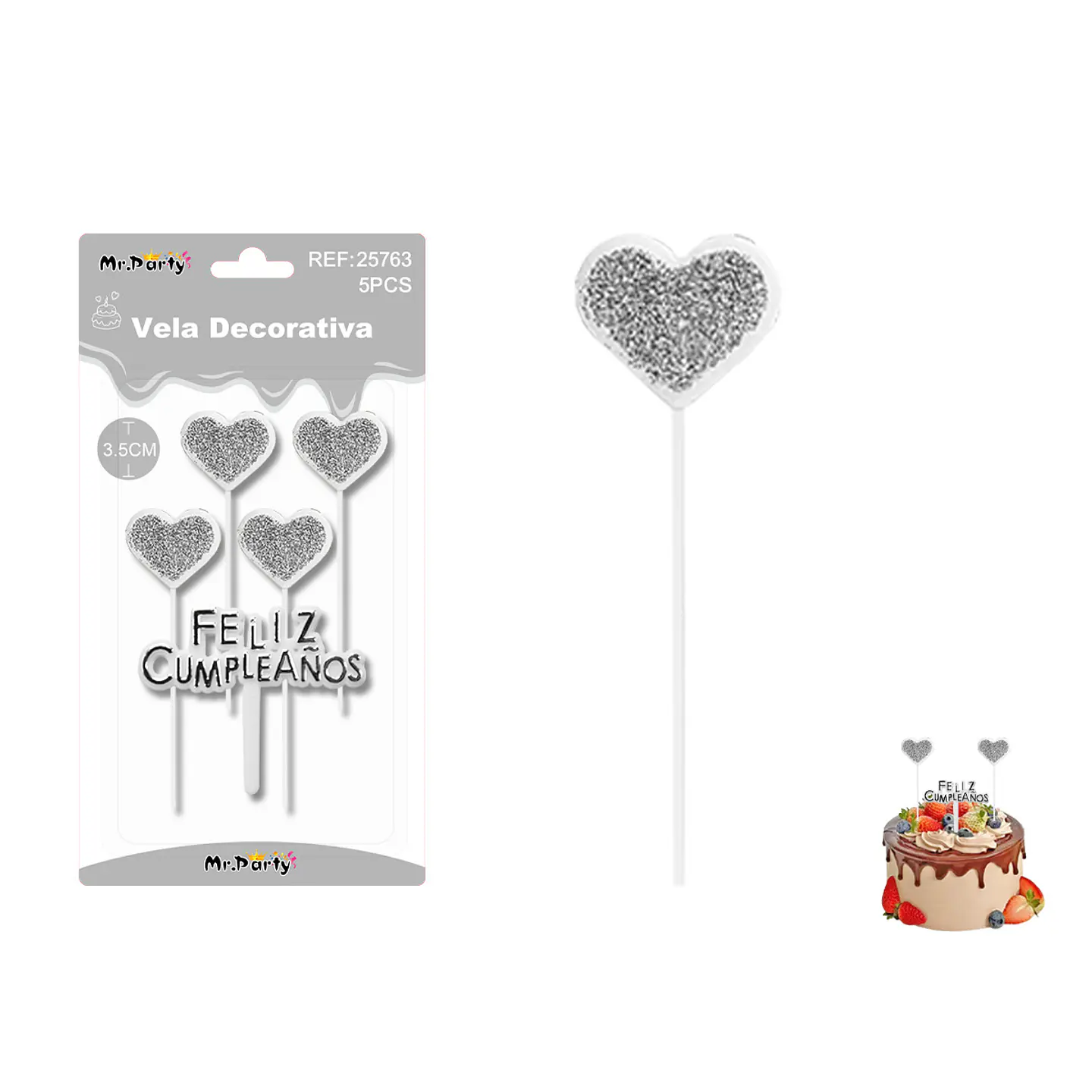 Velas corazón con brillo plateadas Feliz Cumpleaños 5pcs 1