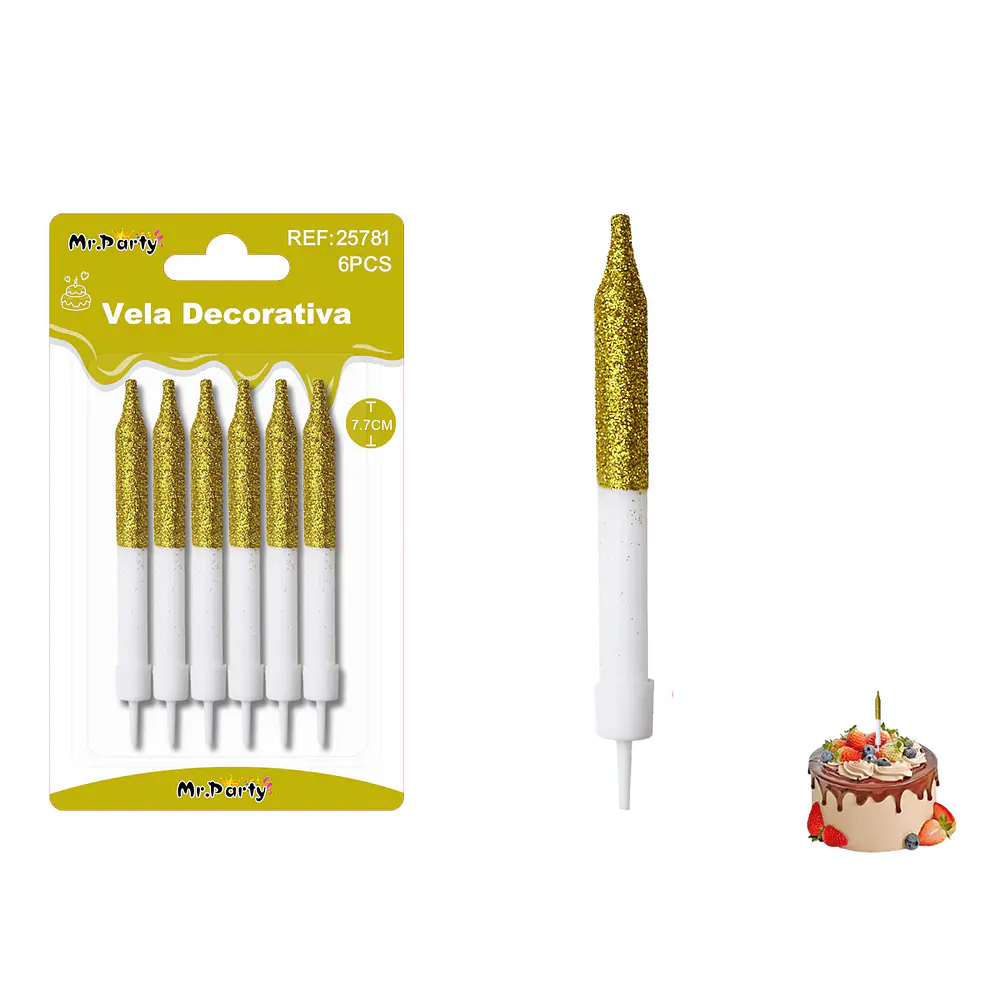 Velas gruesas semibrillo dorado y blanco 7.7cm 6pcs