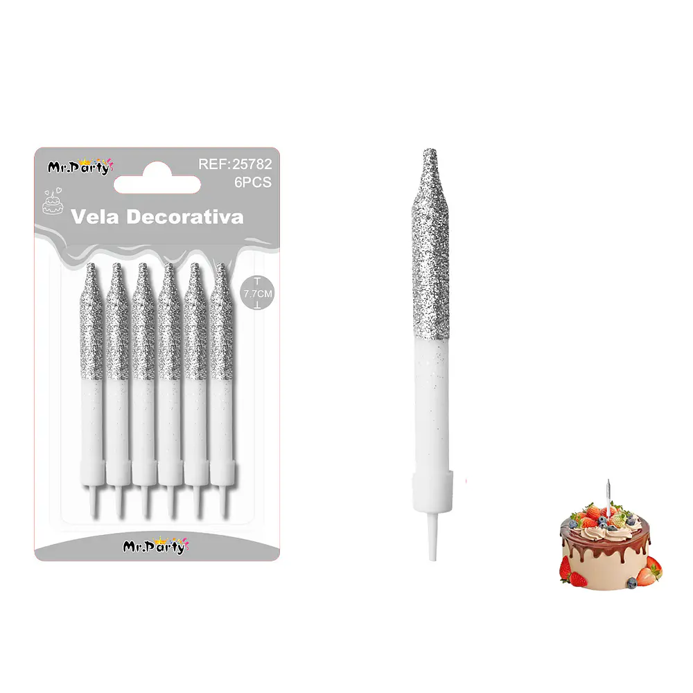 Velas gruesas semibrillo plateado y blanco 7.7cm 6pcs