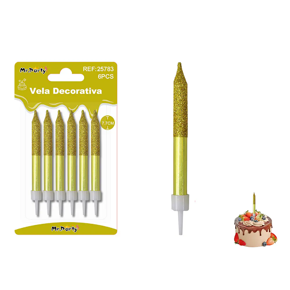Velas gruesas semimetalizadas con brillo dorado 7.7cm 6pcs