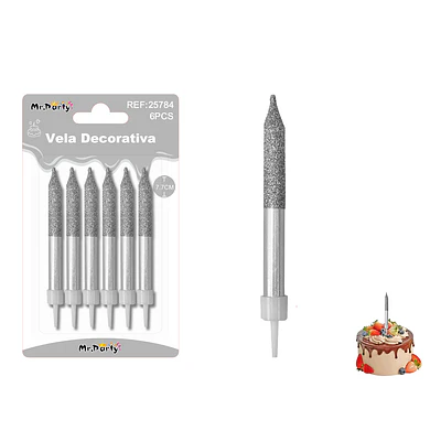 Velas gruesas semimetalizadas con brillo plateado 7.7cm 6pcs