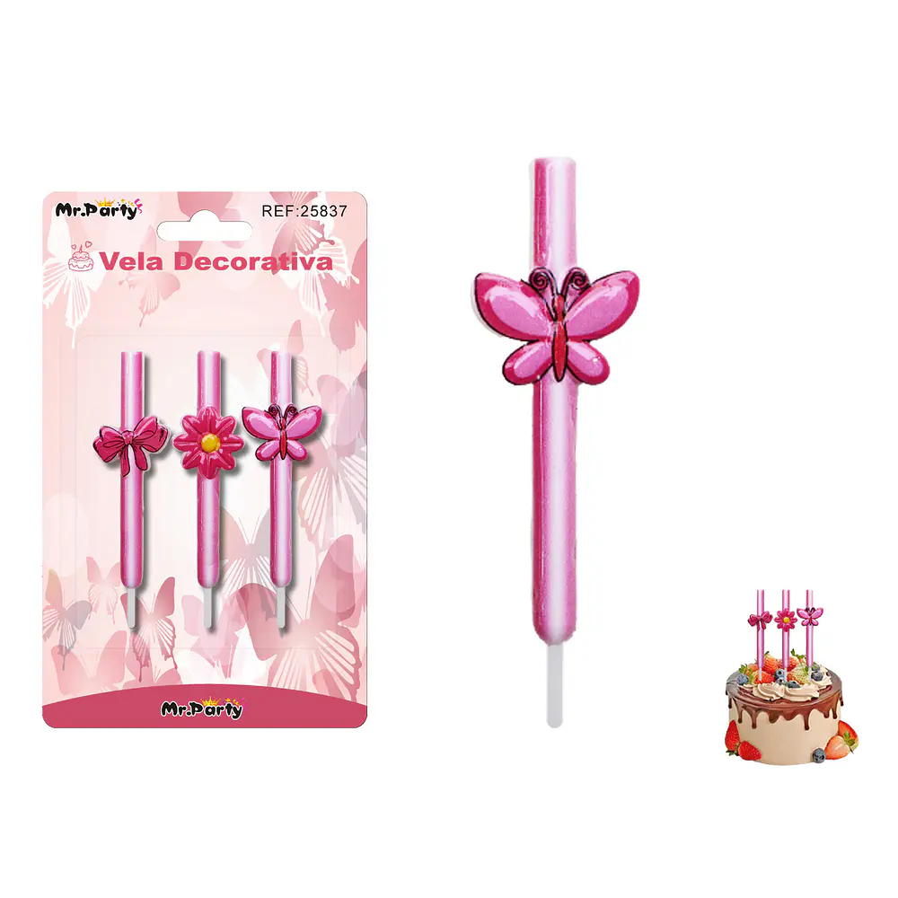 Velas decorativas lazo y mariposa 8cm 3pcs