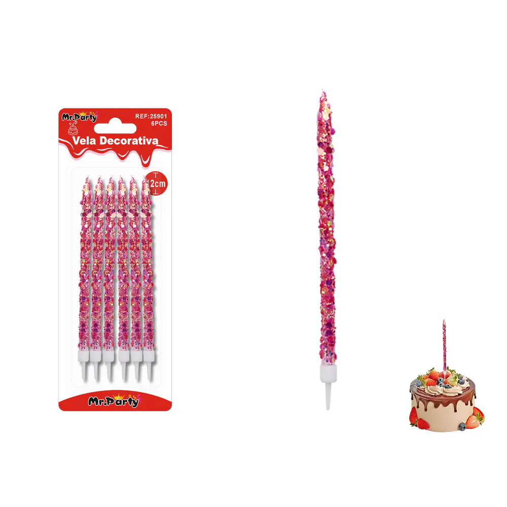 Velas largas con brillo rojas 12cm 6pcs