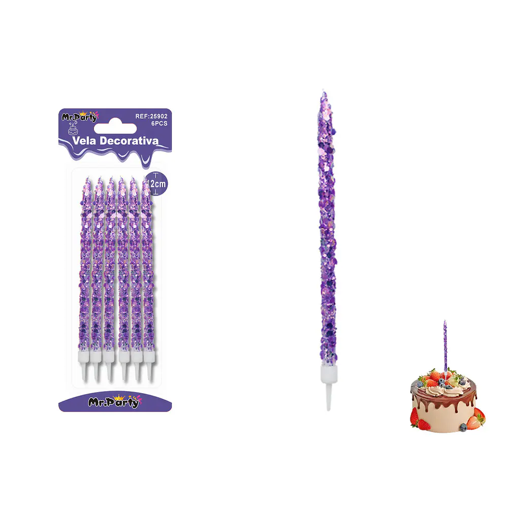 Velas largas con brillo morado 12cm 6pcs