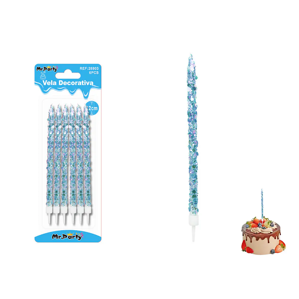 Velas largas con brillo celeste 12cm 6pcs