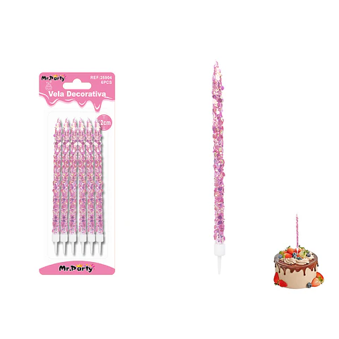 Velas largas con brillo rosado 12cm 6pcs