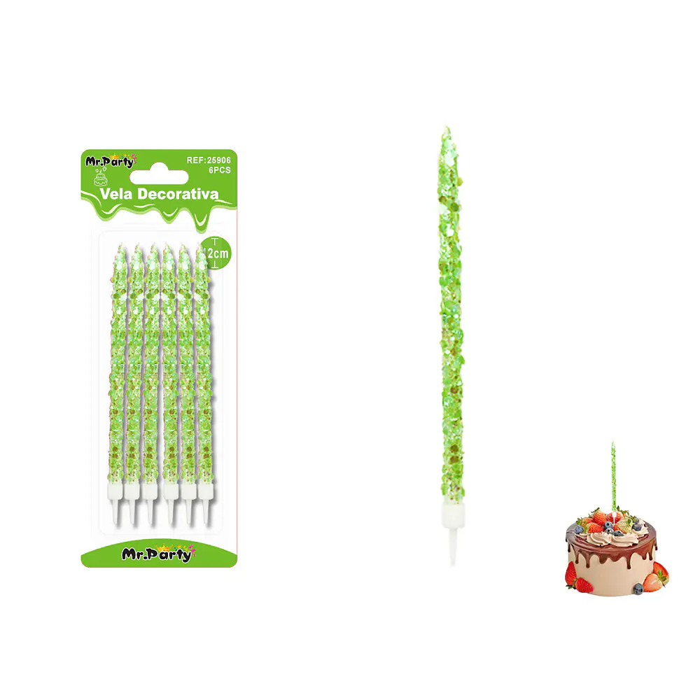 Velas largas con brillo verdes 12cm 6pcs