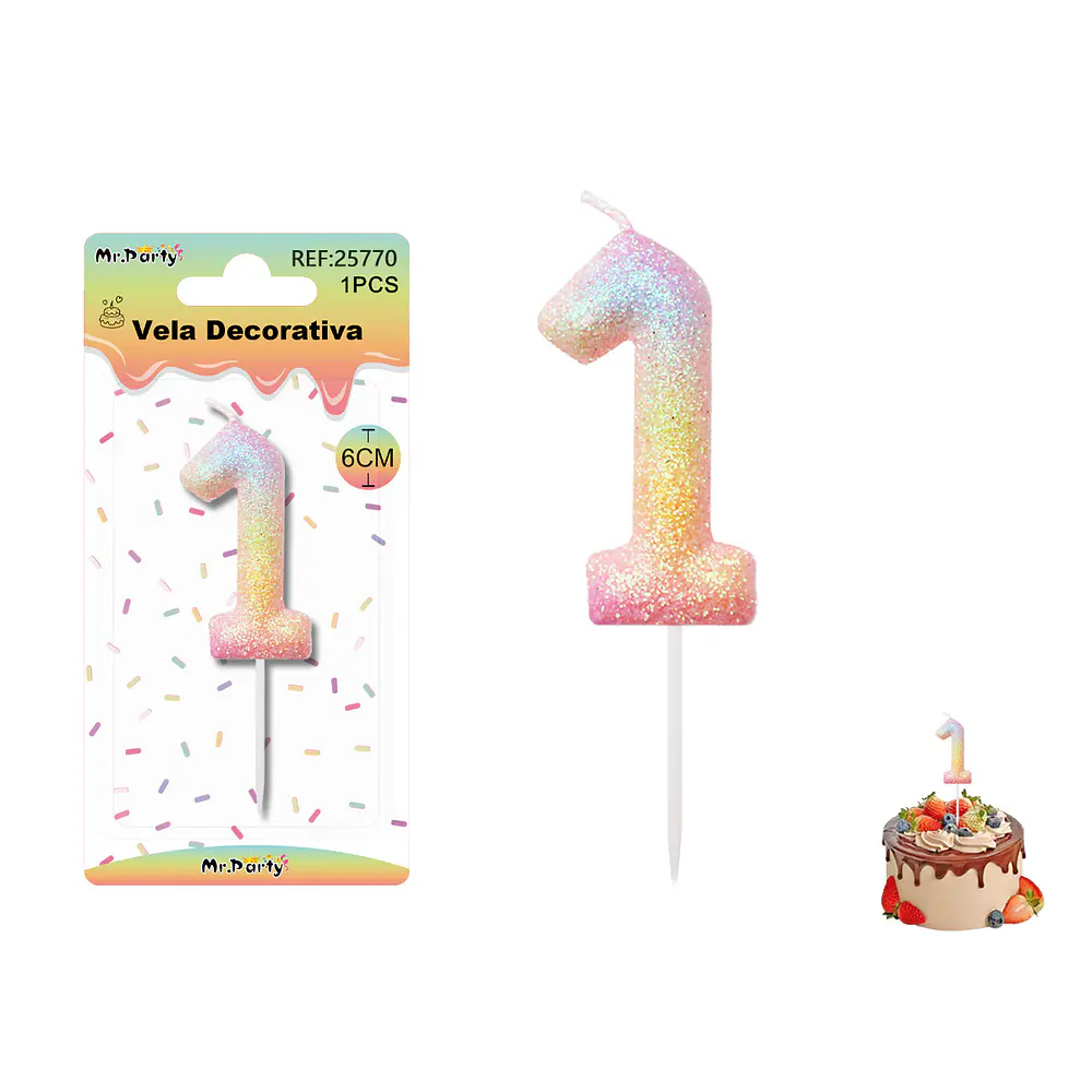 Vela número 1 con brillo color arcoíris 6cm