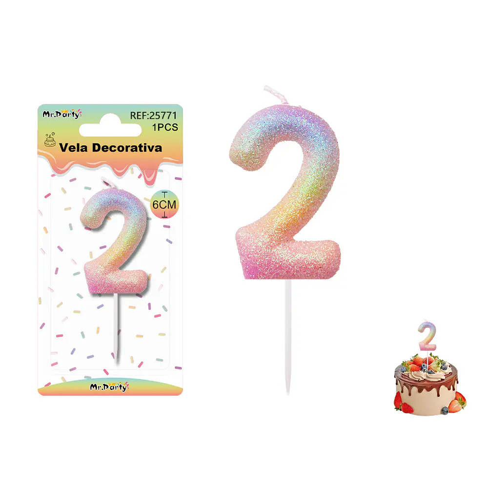 Vela número 2 con brillo color arcoíris 6cm
