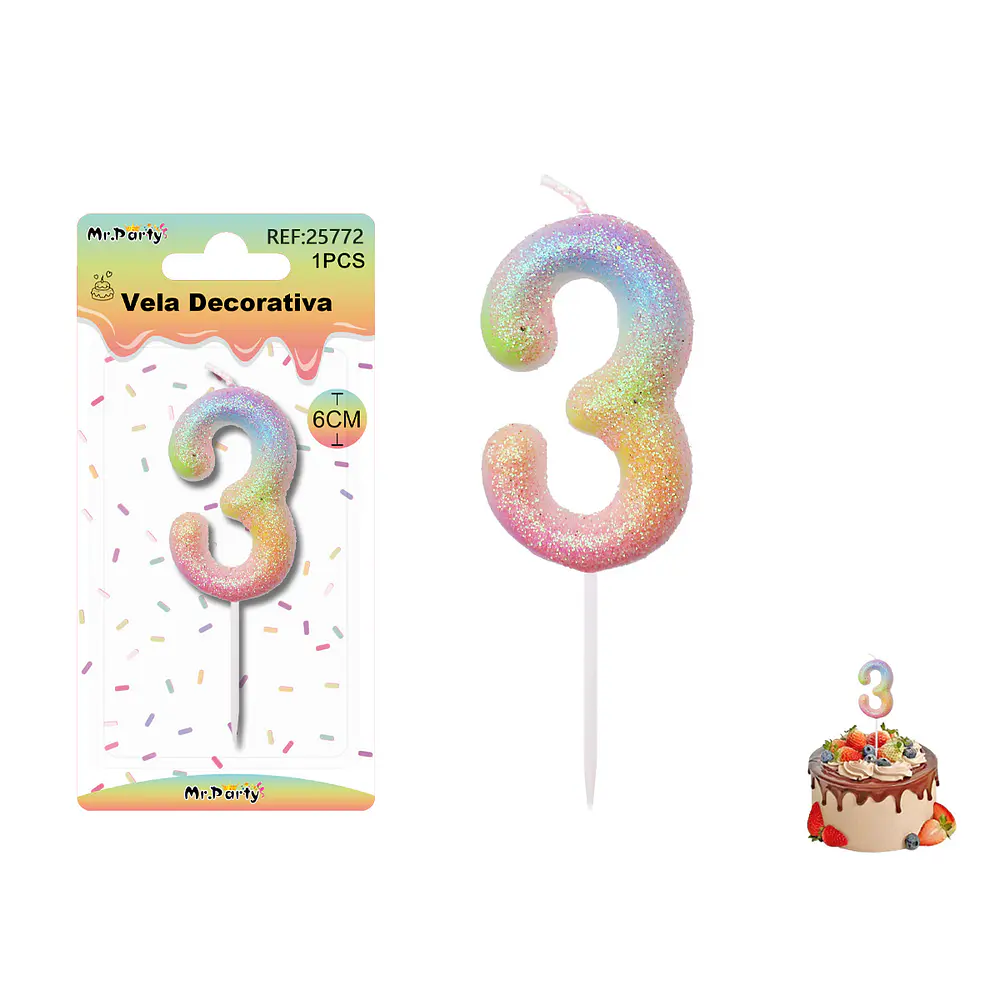 Vela número 3 con brillo color arcoíris 6cm