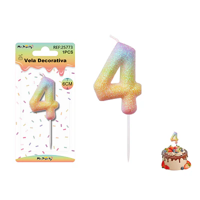 Vela número 4 con brillo color arcoíris 6cm