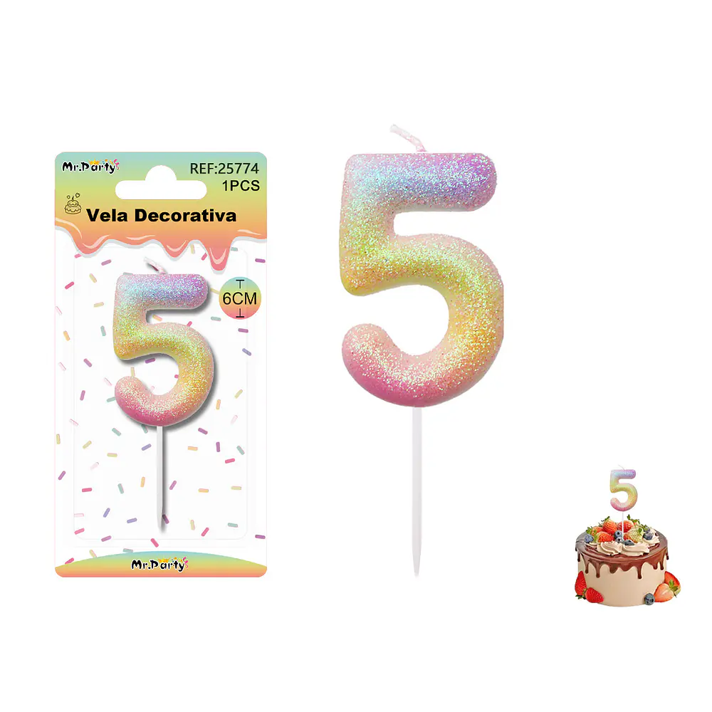 Vela número 5 con brillo color arcoíris 6cm