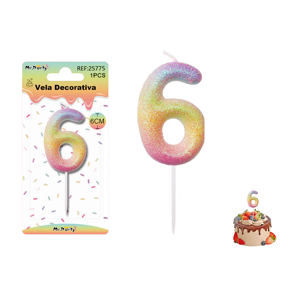 Vela número 6 con brillo color arcoíris 6cm