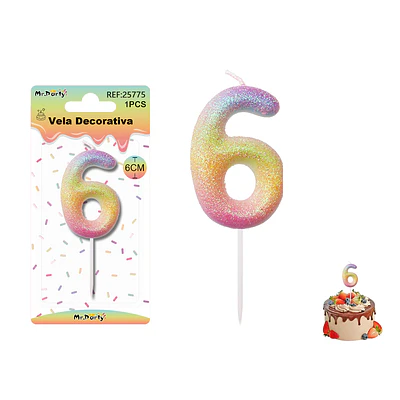 Vela número 6 con brillo color arcoíris 6cm