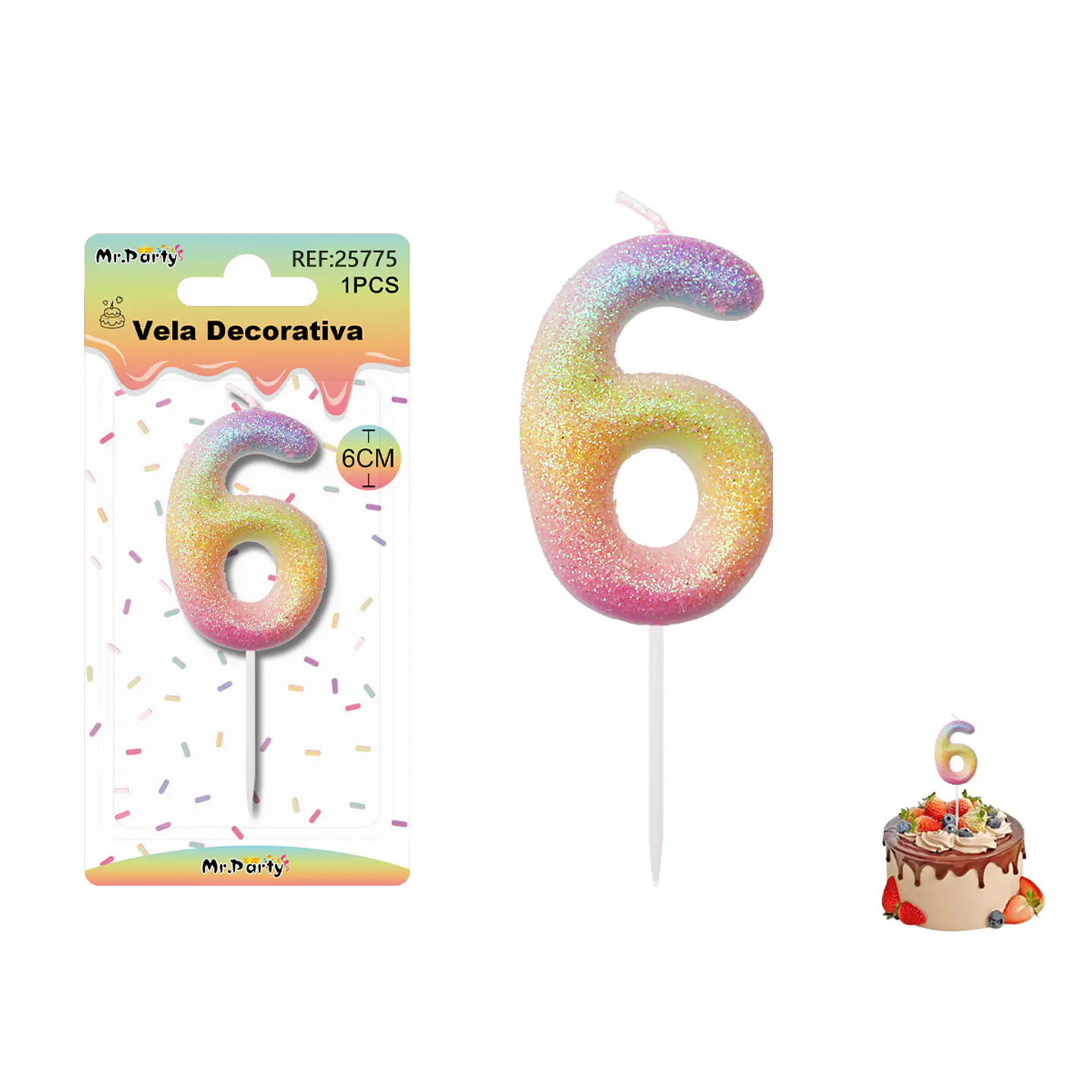 Vela número 6 con brillo color arcoíris 6cm 1