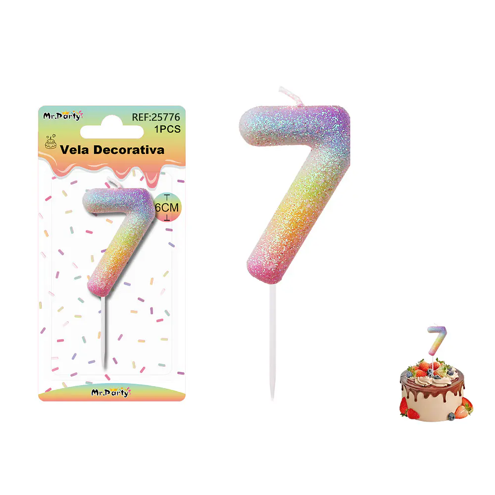 Vela número 7 con brillo color arcoíris 6cm