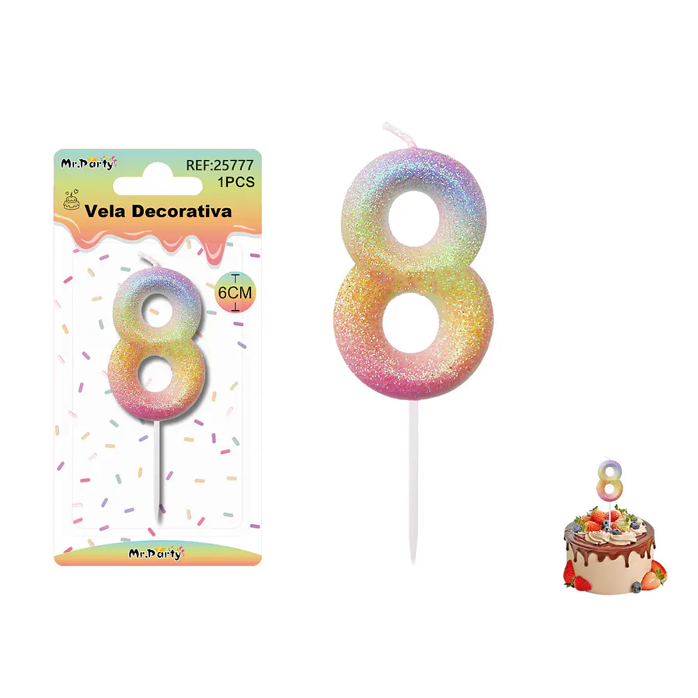 Vela número 8 con brillo color arcoíris 6cm