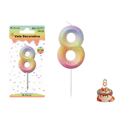Vela número 8 con brillo color arcoíris 6cm