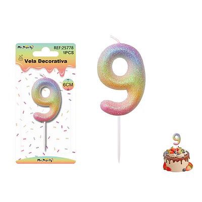 Vela número 9 con brillo color arcoíris 6cm