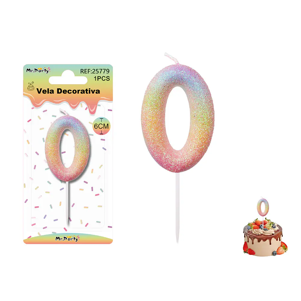 Vela número 0 con brillo color arcoíris 6cm