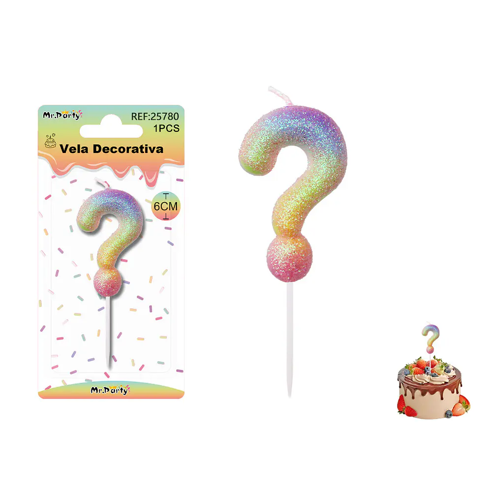 Vela número ? con brillo color arcoíris 6cm