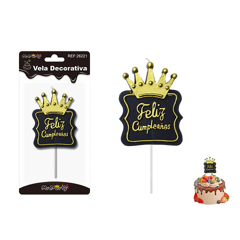 Vela corona negro dorado feliz cumpleaños 7*9.5cm