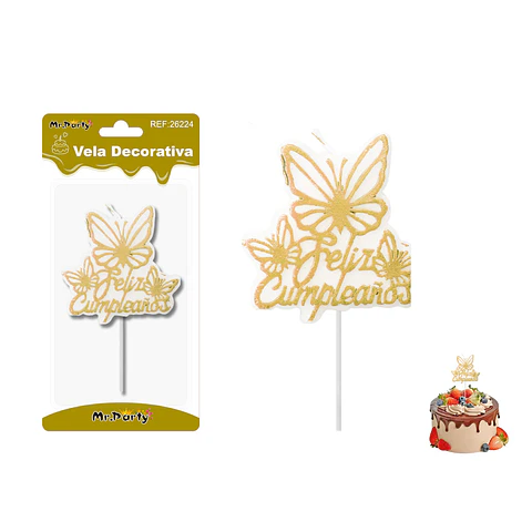 Vela mariposa metalizado dorado feliz cumpleaños 8*7.5cm