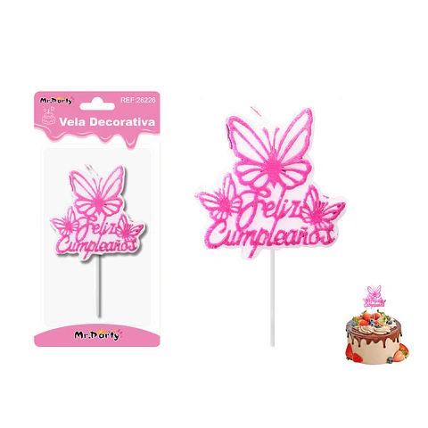 Vela mariposa rosa feliz cumpleaños 8*7.5cm