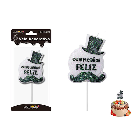 Vela bigote y sombrero negro feliz cumpleaños 6.5*8cm