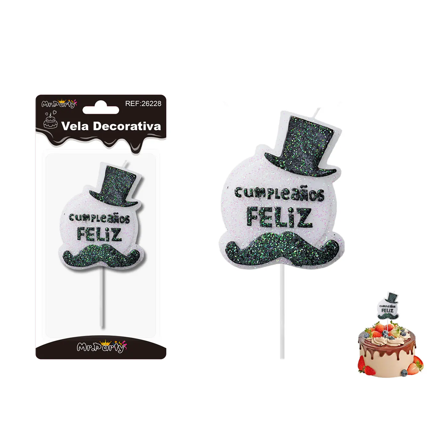 Vela bigote y sombrero negro feliz cumpleaños 6.5*8cm 1