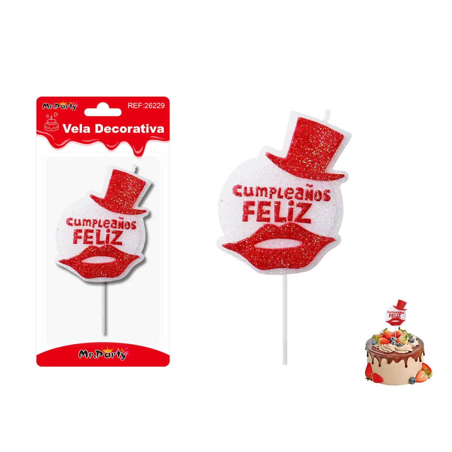 Vela bigote y sombrero rojo feliz cumpleaños 6.5*8cm 1