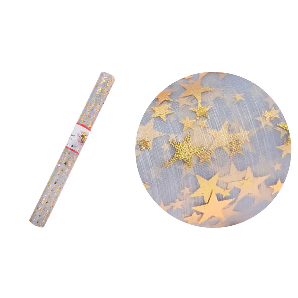 Malla tul gris con estrellas doradas para ramos 48cm*3Y 1