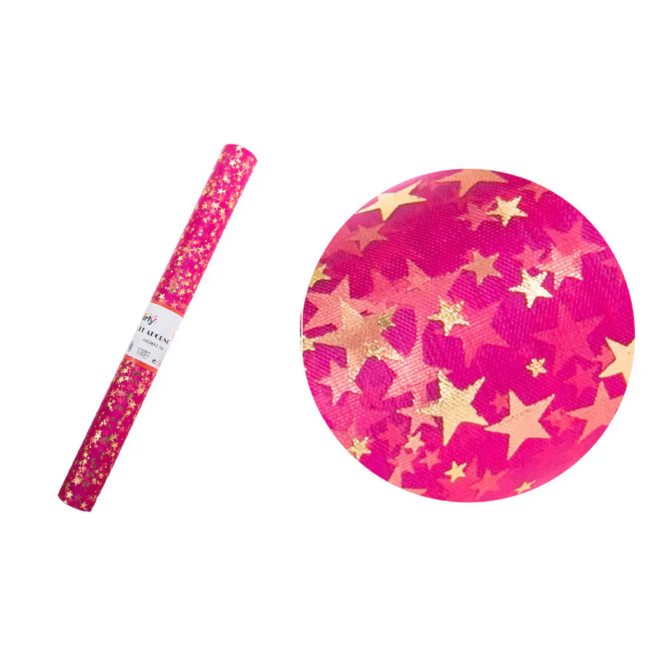 Malla tul rosa con estrellas doradas para ramos 48cm*3Y 1