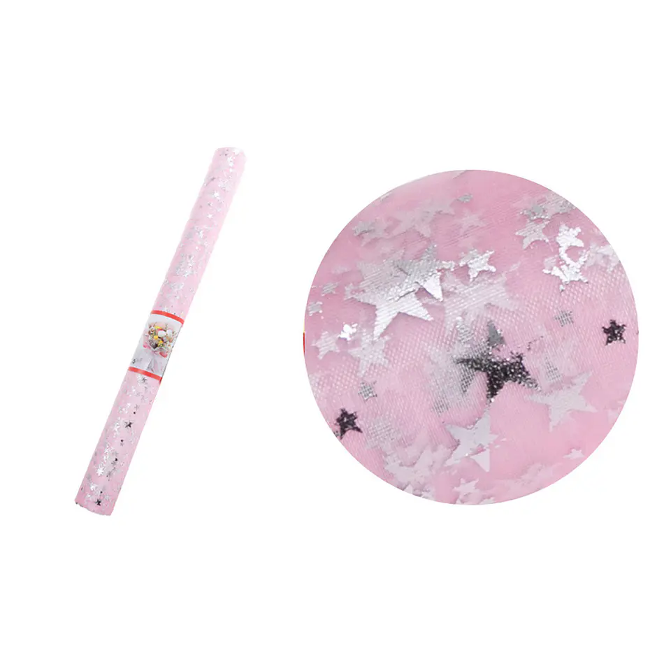 Malla tul rosa con estrellas plateadas para ramos 48cm*3Y 1