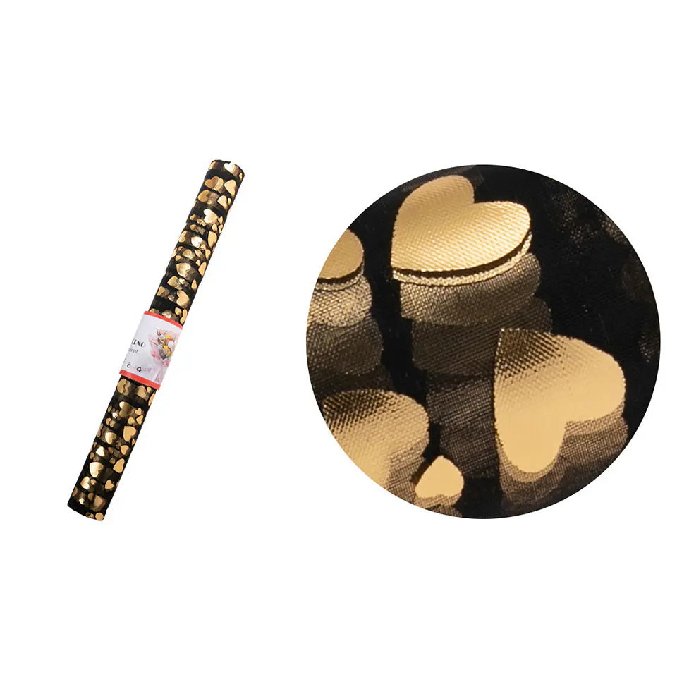 Malla tul negra con corazones dorados para ramos 48cm*3Y 1