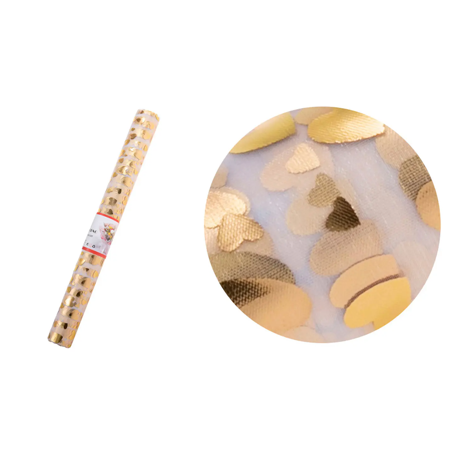 Malla tul blanca con corazones dorados para ramos 48cm*3Y 1