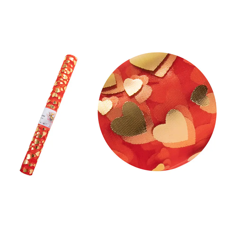 Malla tul roja con corazones dorados para ramos 48cm*3Y 1