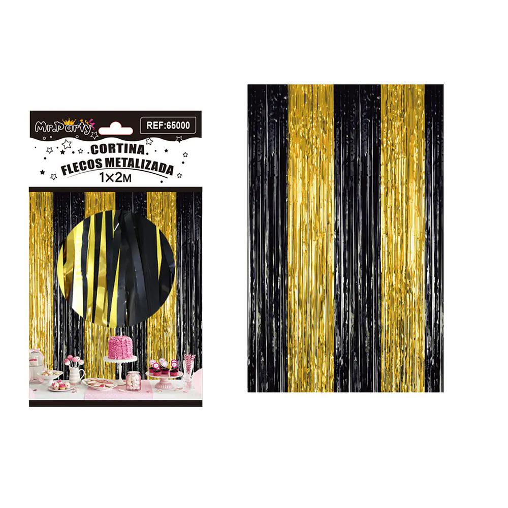 Cortina flecos metalizada negro y dorado 1*2m