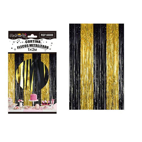 Cortina flecos metalizada negro y dorado 1*2m