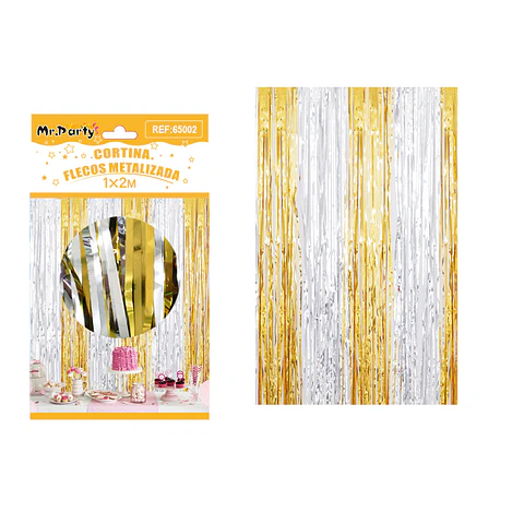 Cortina flecos metalizada plateado y dorado 1*2m