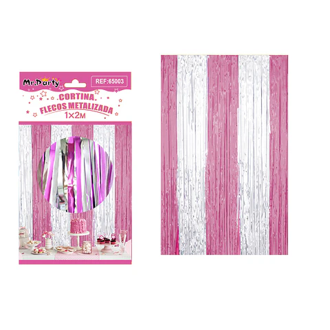 Cortina flecos metalizada plateada y fucsia 1*2m
